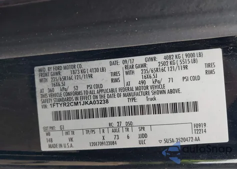 2018 Ford Transit-250 z USA, uszkodzony, nr VIN 1FTYR2CM1JKA03238